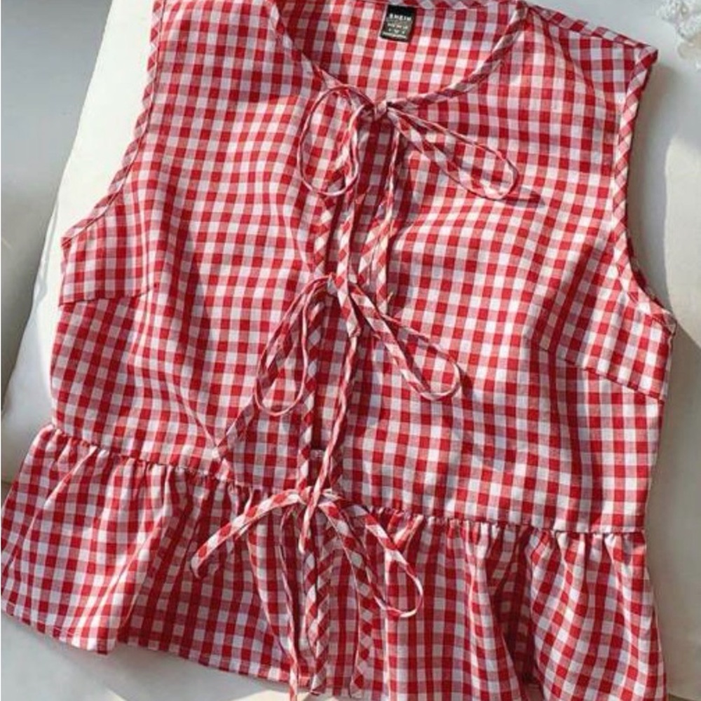 SHEIN Red Checkered Tie-Front Blouse